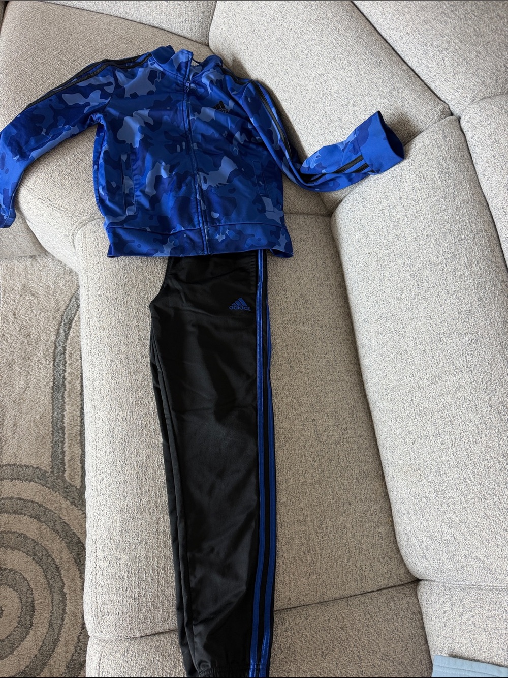 adidas Kids Blue Camo Zip Jacket and Black Track Pants size 10-12